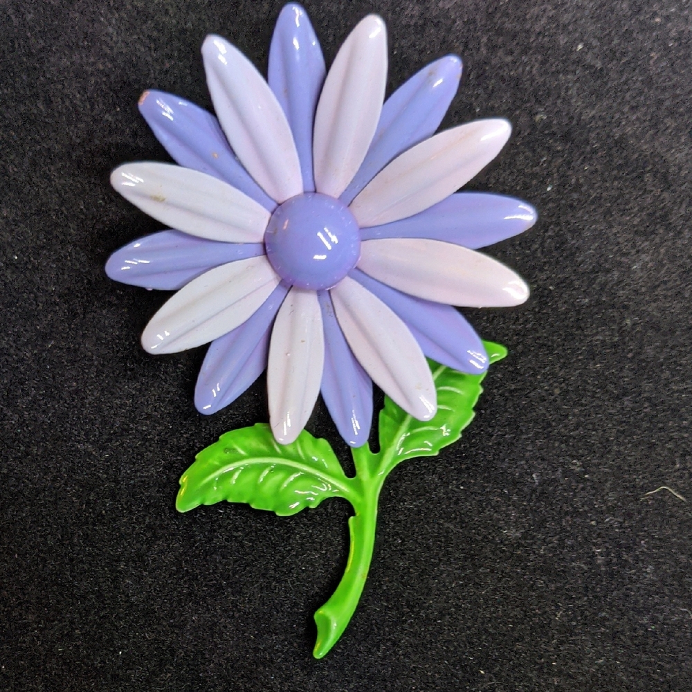 Vintage Enamel Metal Large Flower Brooch 50s 60s Purple Green